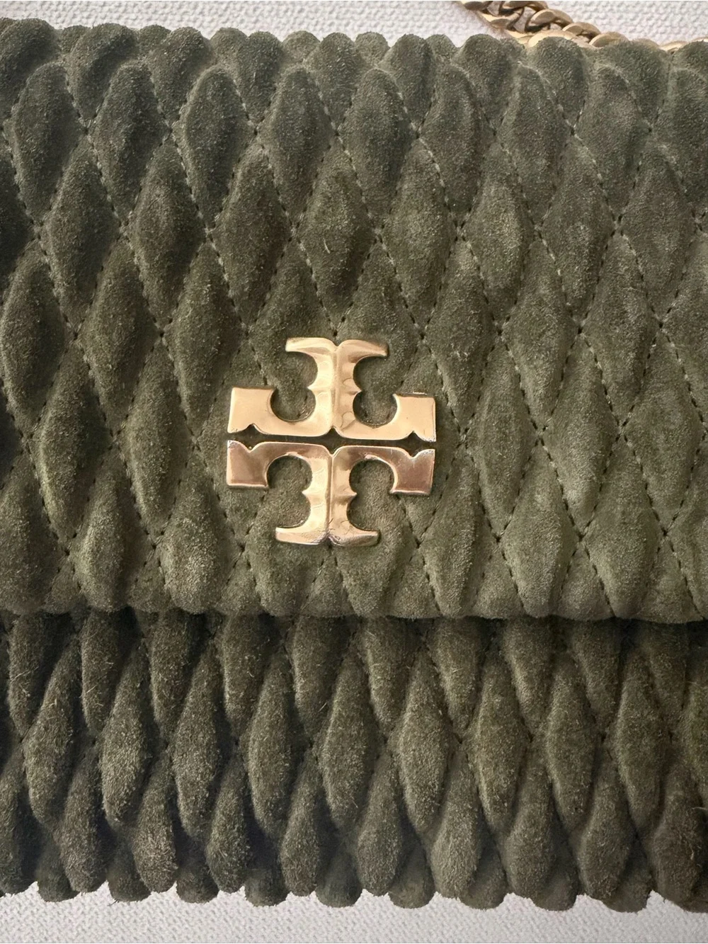 Tory Burch Quilted Olive Velvet Shoulder Bag with Gold Logo